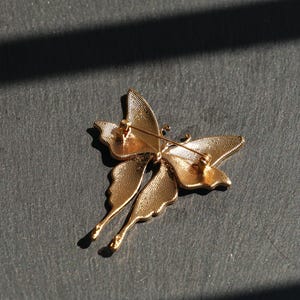 May include: A gold butterfly brooch with intricate wing detailing. The metal brooch features a pin fastening on the reverse. The butterfly's wings have a textured finish, and the design is elegant. The brooch is a decorative accessory.