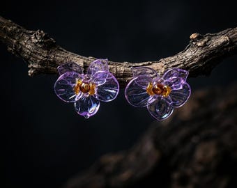 Orecchini a forma di orchidea in vetro color lavanda, gioielli in falaenopsis soffiati a mano, orecchini a lobo con fiori botanici, regalo unico per lei, amante della natura