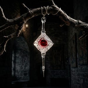 May include: A clear glass pendant with a red centre, diamond-shaped design, and a pointed bottom hangs from a silver chain. The pendant is suspended from a tree branch against a dark, blurred background.