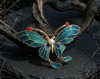 Butterfly Brooch With Pearl, Vintage Style Dian Cui/Tian Tsui Pin, Gift for Nature Lover