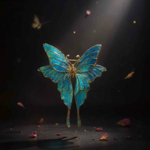 May include: A detailed butterfly brooch with turquoise and gold accents. The butterfly's wings are a vibrant turquoise, outlined in gold. The brooch is set against a dark background with scattered petals, creating a dramatic effect. The brooch is a jewelry item.