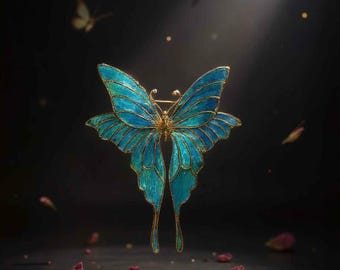 Broche de mariposa con pluma de pavo real, regalo significativo para ella, broche dorado llamativo, joya de herencia.