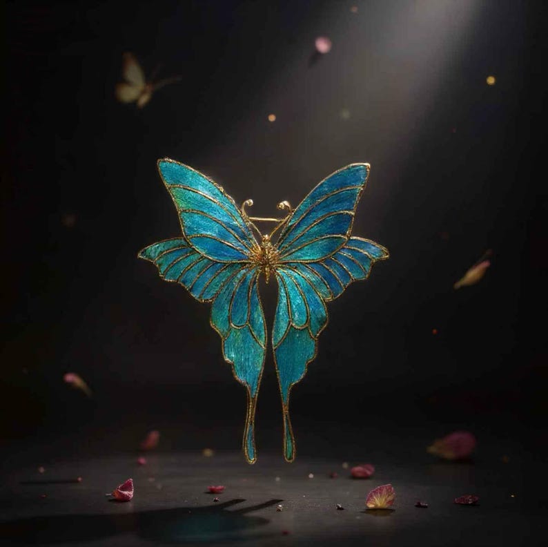 May include: A detailed butterfly brooch with turquoise and gold accents. The butterfly's wings are a vibrant turquoise, outlined in gold. The brooch is set against a dark background with scattered petals, creating a dramatic effect. The brooch is a jewelry item.
