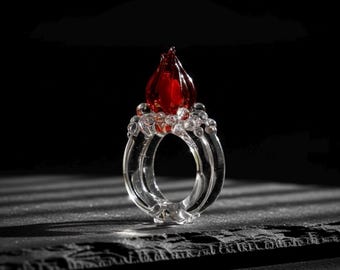 Fire and Ice Glass Ring, Chunky Red Flame Statement Jewelry, Durable Borosilicate Lampwork, Fantasy Book Lover Gift, Aelin Inspired