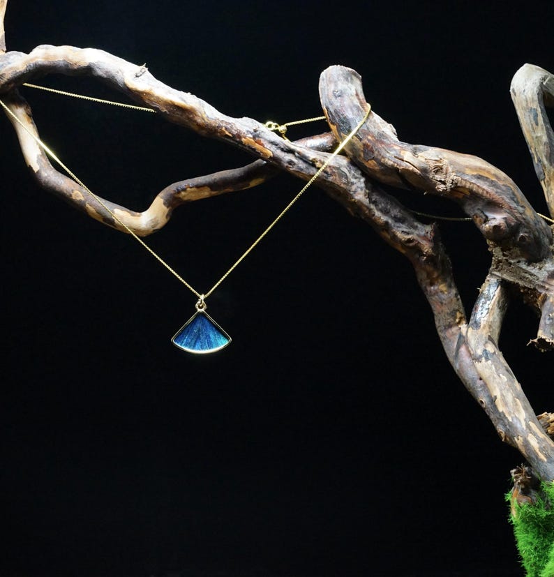 May include: A gold-colored necklace with a pendant shaped like a fan. The pendant has a blue, iridescent surface. The necklace is hanging from a brown, textured branch against a black background. Jewelry.