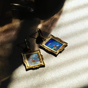 Monet Inspired Earrings, Mismatched Painting Jewelry with Feather Art, Statement Dangle, Unique Artist Gift image 4