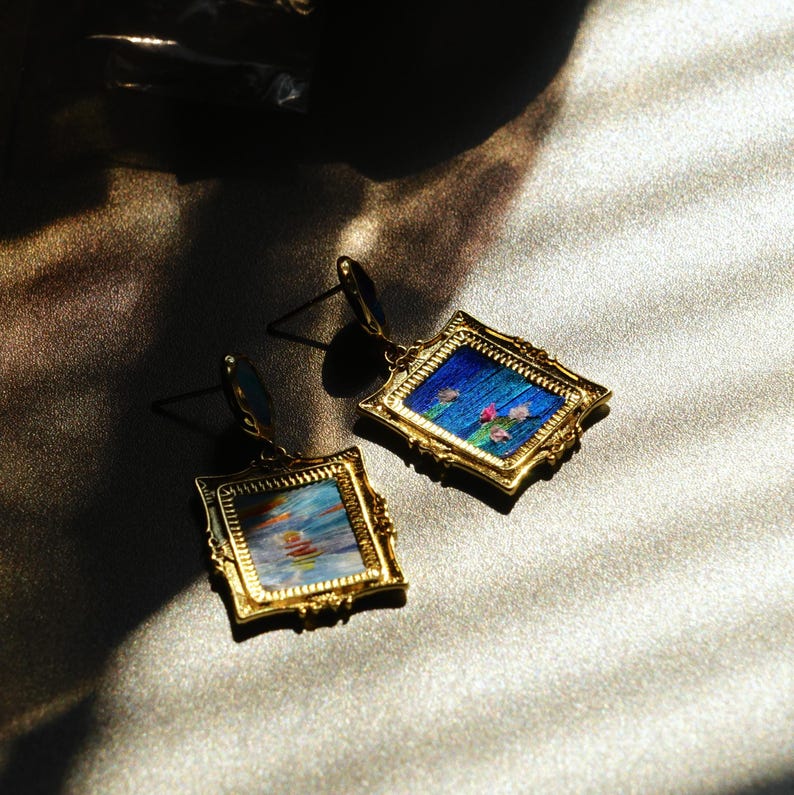 Monet Inspired Earrings, Mismatched Painting Jewelry with Feather Art, Statement Dangle, Unique Artist Gift image 4