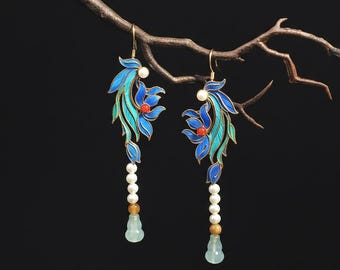 Blue Iris Flower Drop Earrings, Feather Art Nouveau Jeweley, Vintage Style Orchid Dangle, Custom Gift for Her 