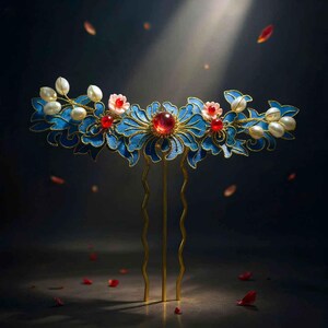 May include: A decorative hair comb featuring a floral design with blue enamel petals, red gemstones, and white pearl accents. The gold-toned metal comb has three prongs. The design is reminiscent of traditional Asian hair accessories.