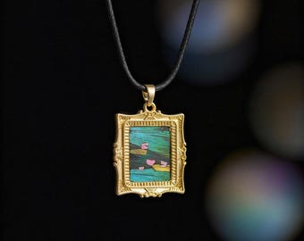 Monet Necklace, Feather Art Pendant, Water Lily Jewelry, Gold Floral Necklace, Artist Gift