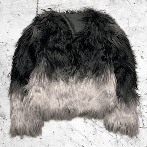 Vintage Ombre Faux Fur Jacket – 90s Y2K Shaggy Plush Coat, Black 
