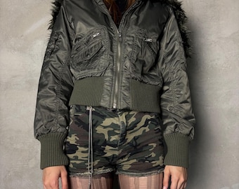 Y2K Olive Green Bomber Jacket With Faux Fur Hood – Cropped