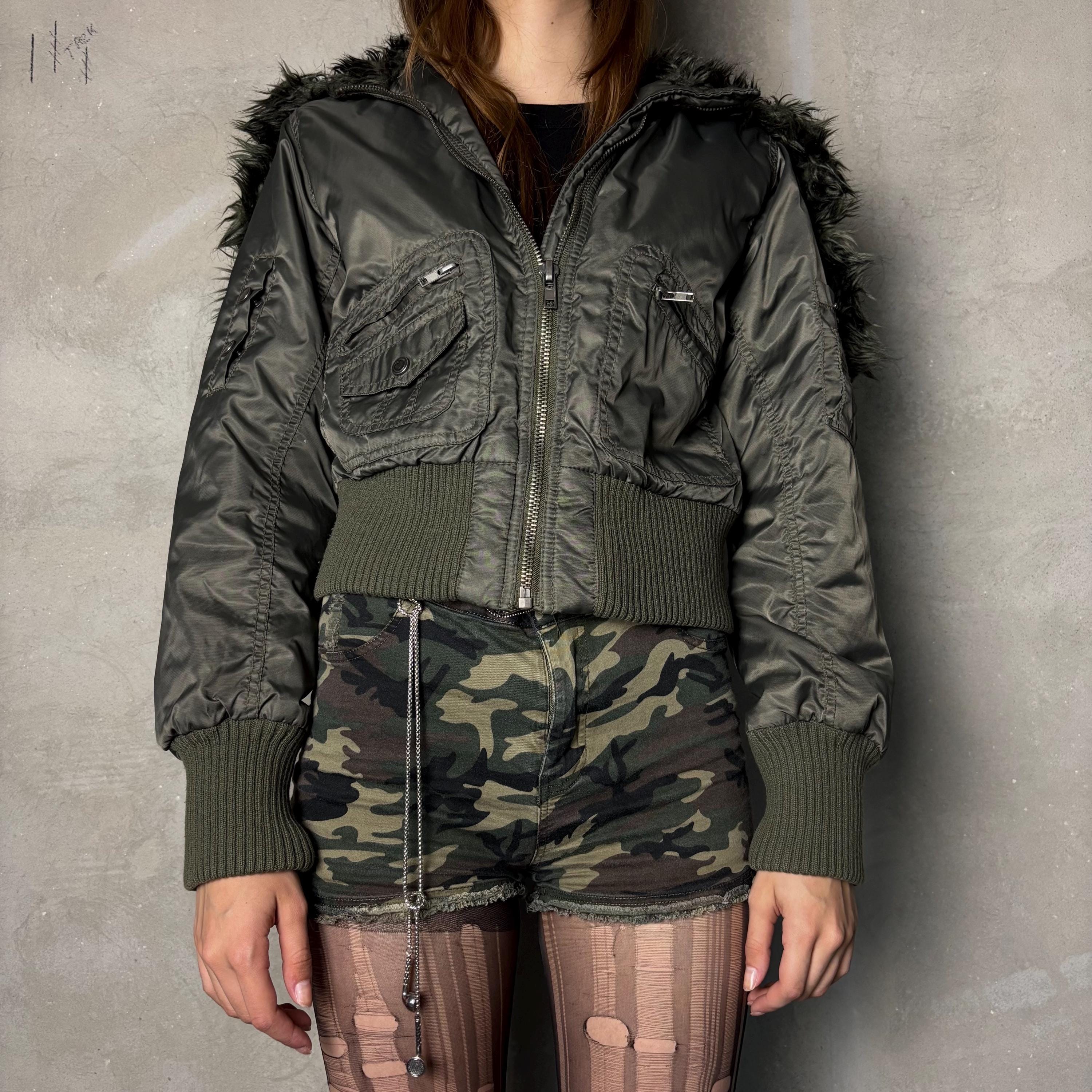 Y2K Olive Green Bomber Jacket With Faux Fur Hood – Cropped