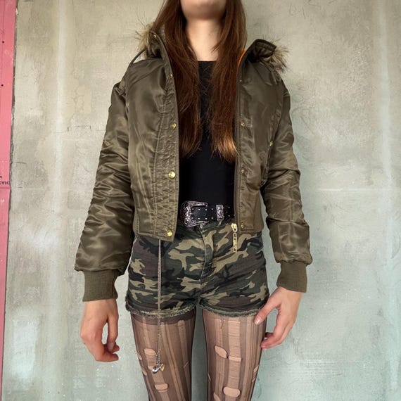 00’s N-2B Y2K grunge M military Deadstock SOUTHPOLE N2B Y2K Shiny Bomber Jacket With Faux Fur Hood