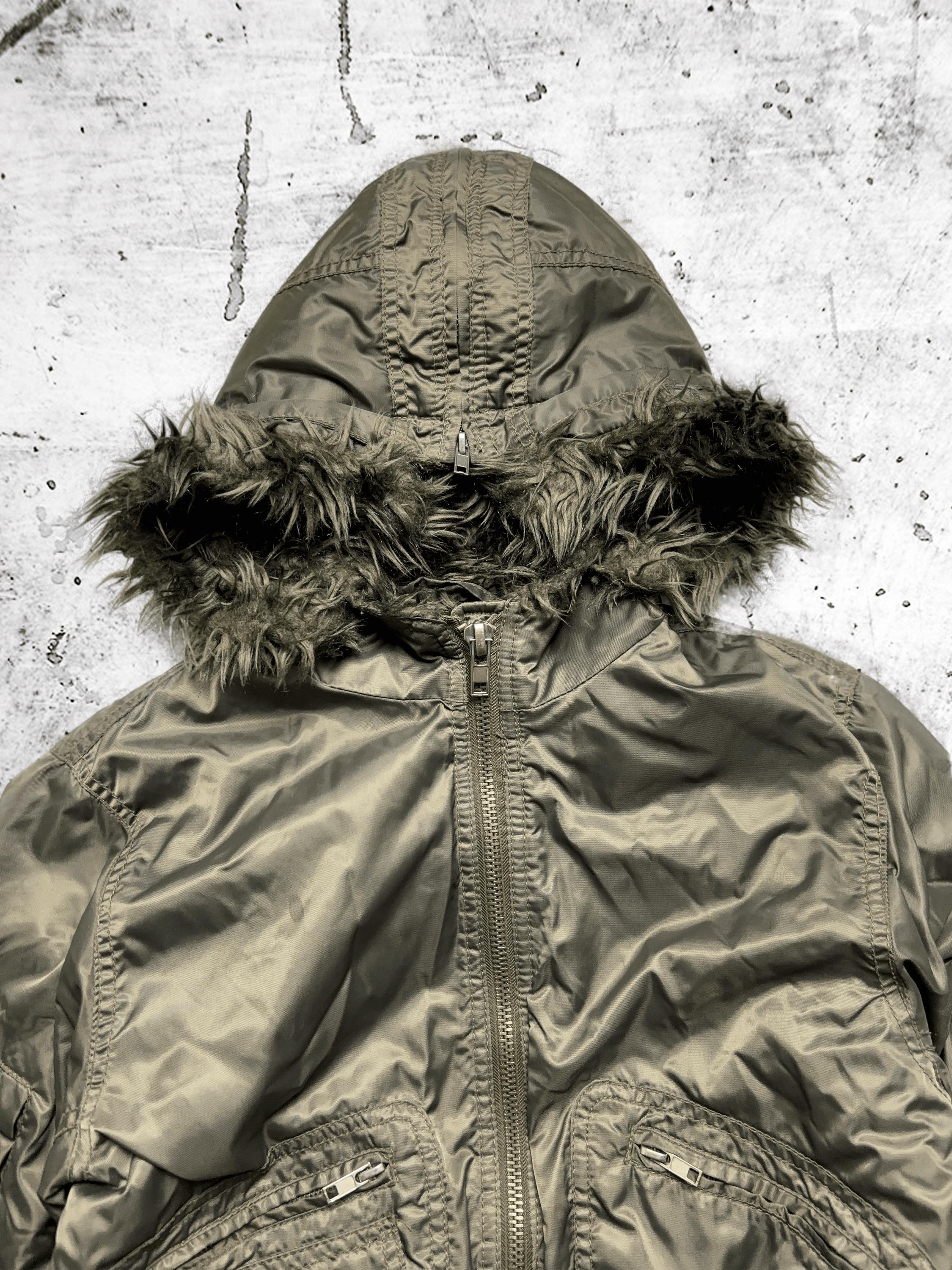 Y2K Olive Green Bomber Jacket With Faux Fur Hood – Cropped