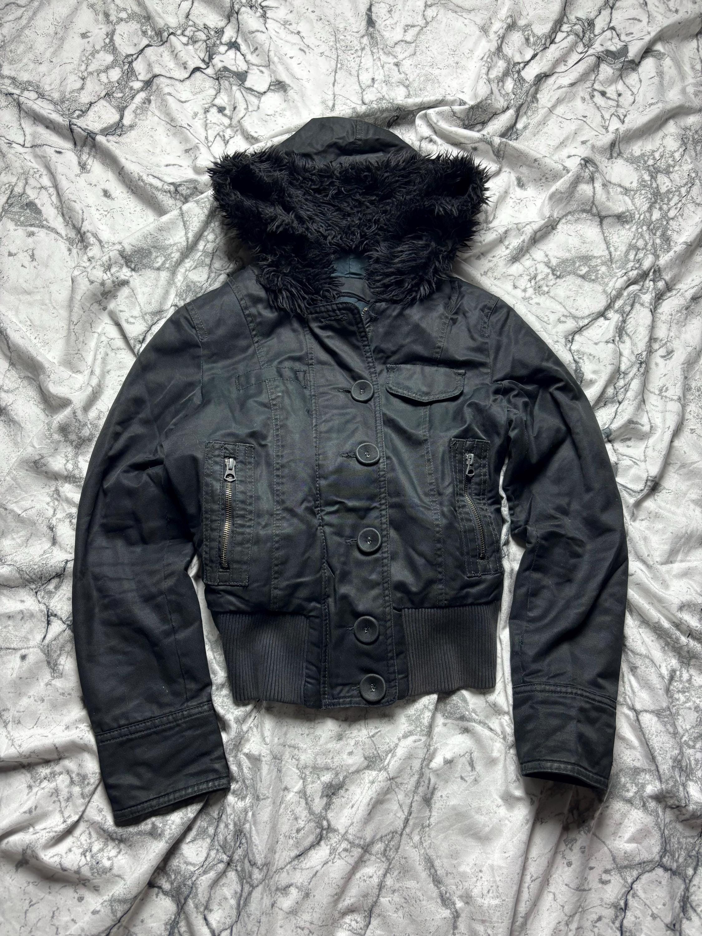 Vintage Black Bomber Jacket With Faux Fur Hood – Y2K 2000s Cropped 
