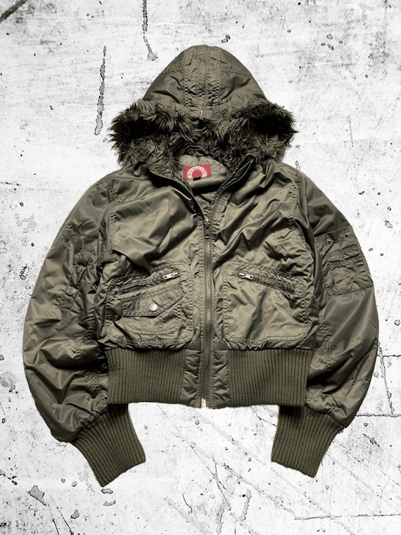 Y2K Olive Green Bomber Jacket With Faux Fur Hood – Cropped
