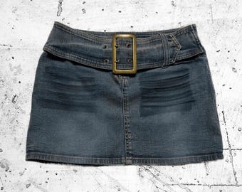 Vintage Y2K-denimminirok – verweerde blauwe jeansrok, lage taille, jaren 2000, esthetiek, grunge-indie-strakke stijl | Maat 27