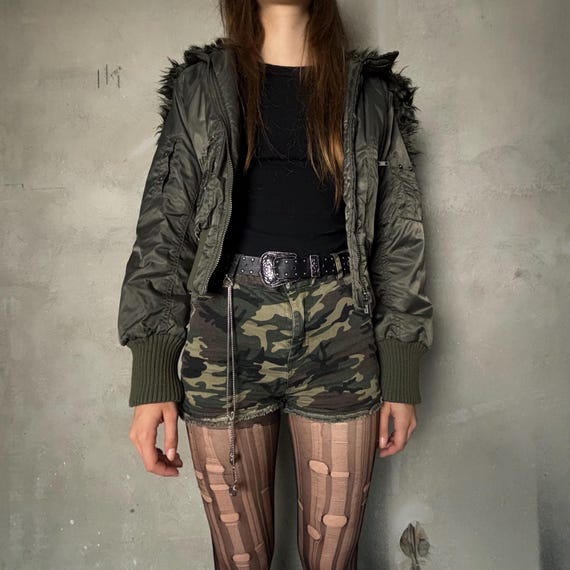 Y2K Olive Green Bomber Jacket With Faux Fur Hood – Cropped