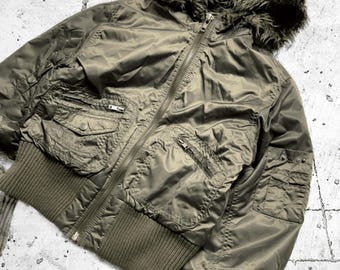 Y2K Olive Green Bomber Jacket With Faux Fur Hood – Cropped