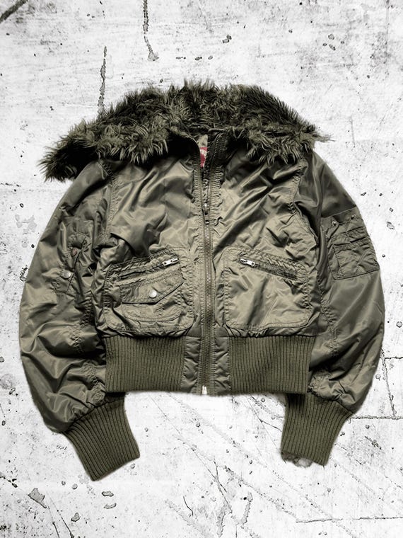 Y2K Olive Green Bomber Jacket With Faux Fur Hood – Cropped