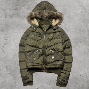 Y2K Olive Green Bomber Jacket With Faux Fur Hood – Cropped