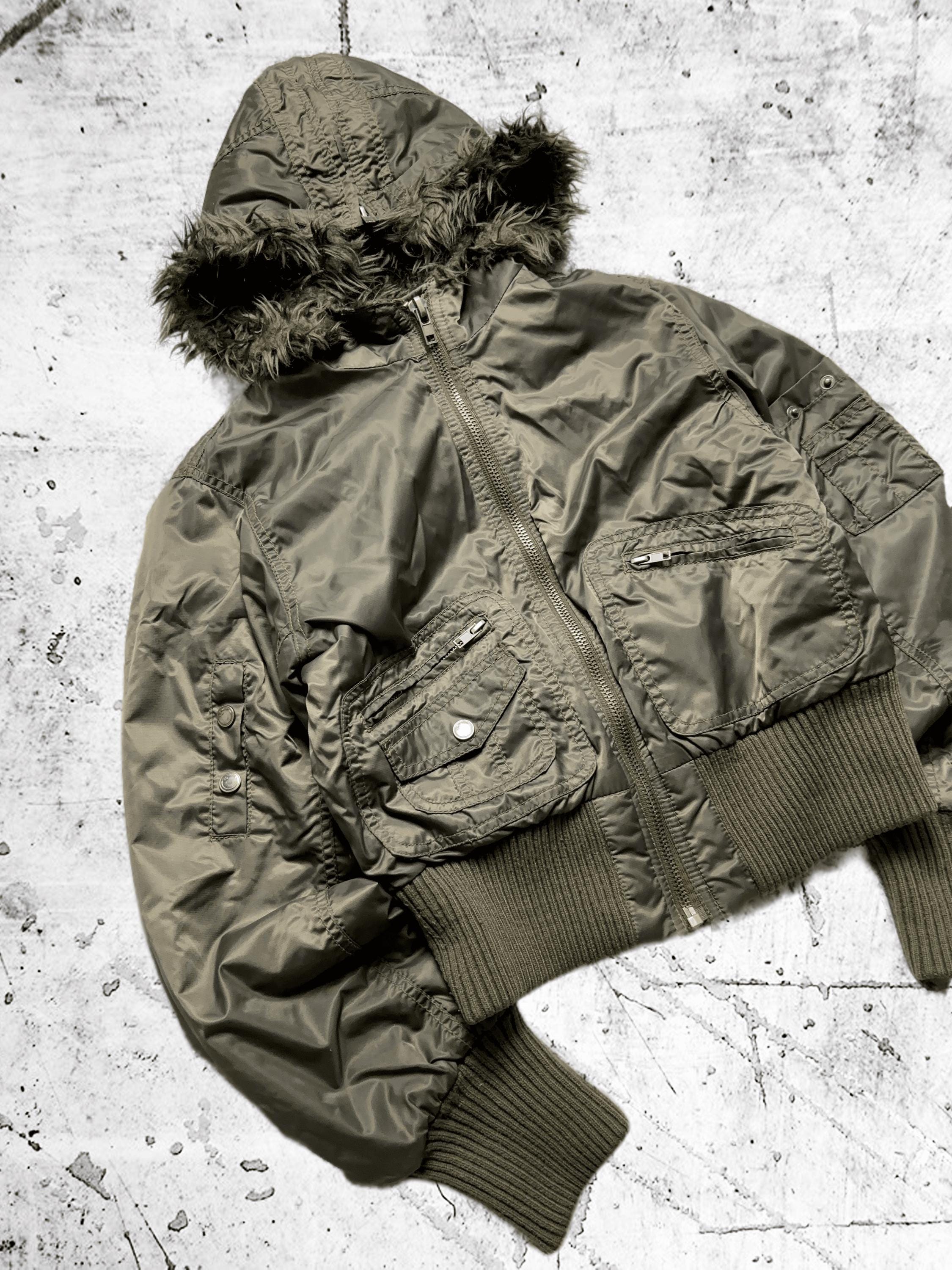 Y2K Olive Green Bomber Jacket With Faux Fur Hood – Cropped
