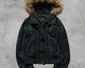 Vintage Y2K Tartan Cropped Jacket – Faux Fur Hood, Size S-M
