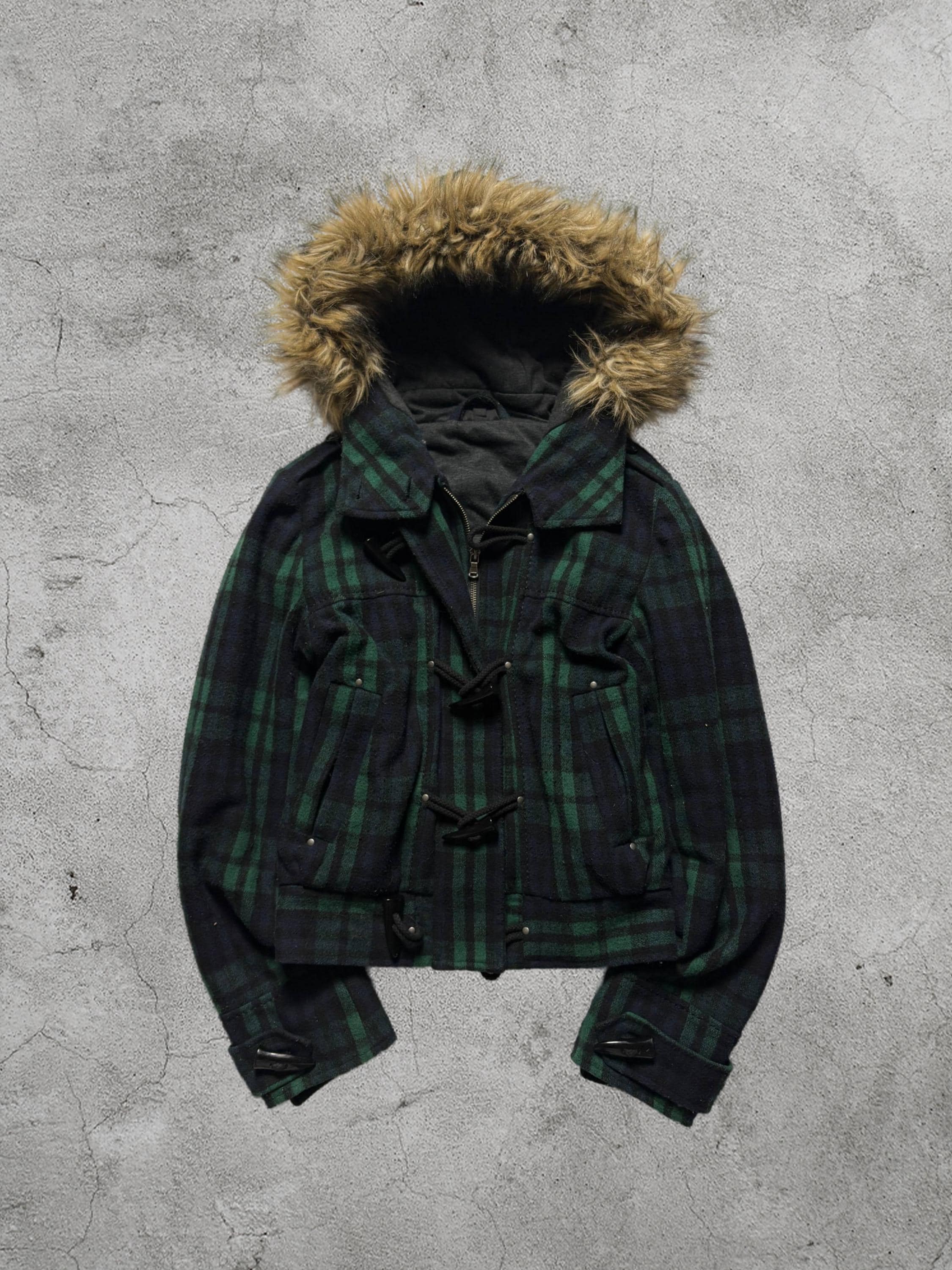 Vintage Y2K Tartan Cropped Jacket – Faux Fur Hood, Size S-M - Etsy