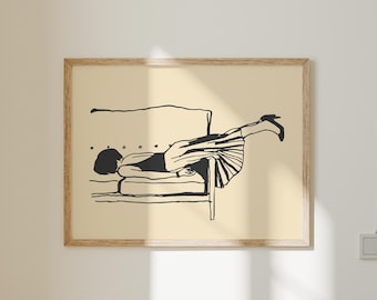 Impresión de mujer joven decadente / arte mural de academia oscura, decoración de academia clara horizontal, impresiones femeninas modernas de mediados de siglo / Descarga digital