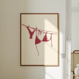 Red Bikini Print | bikini on clothesline coastal cowgirl aesthetic print bathroom decor beach print beach prints for dorm | Digital Download