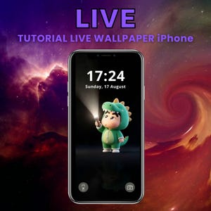 Puede incluir: Un teléfono inteligente muestra un tutorial de fondo de pantalla en vivo. La pantalla muestra un personaje de dibujos animados con un disfraz de dinosaurio verde sosteniendo una linterna. La hora es 17:24, domingo 17 de agosto. La palabra "LIVE" está arriba.