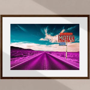 No Vacancy Motel Wall Art – Teal Sky Desert Road Print – Retro Neon Sign Poster