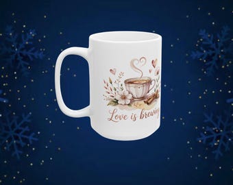 Love is Brewing Ceramic Mug | Floral Coffee Cup, Hearts & Bouquet Design