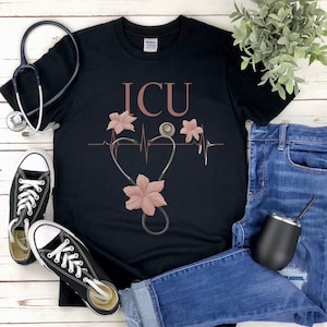 ICU Floral Stethoscope Tee, Unisex Cotton T-Shirt, Nurse Appreciation Gift, Healthcare Worker Shirt, Medical Apparel, Gift for Nurses