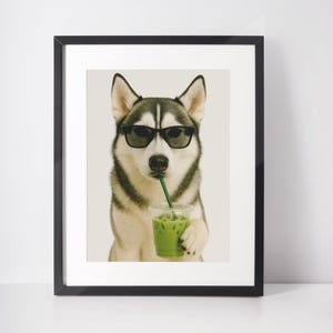 Husky trinken Matcha Wandkunst, lustiger Hund Coffee Bar Print, cooler Hund digitaler Download, Hundeliebhaber Küche Dekor