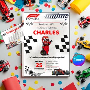 Verjaardagsuitnodiging Ferrari Formule 1 | Raceautofeest | Bewerkbare canvassjabloon | Digitale download