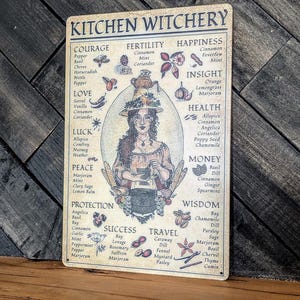 May include: A vintage-style metal sign with the text "KITCHEN WITCHERY" at the top. The sign features an illustration of a woman and various herbs and spices, with sections for courage, love, and other themes. The sign is on a wooden surface.