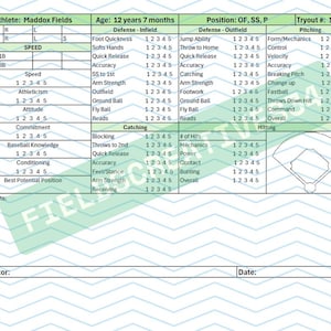 May include: Baseball tryout assessment form for Maddox Fields, aged 12 years 7 months. The form evaluates skills including speed, athleticism, and baseball knowledge, with sections for infield, outfield, and pitching. Includes a baseball field diagram.