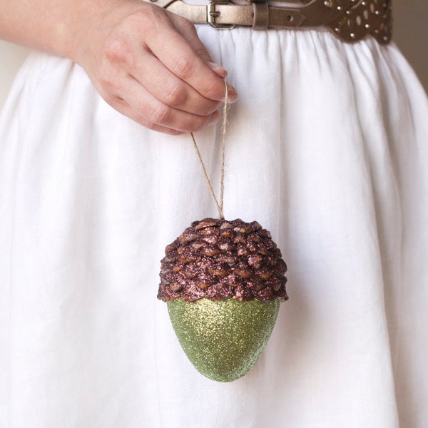 Jumbo Acorn Ornament, Moss Green Shimmer, Rustic Woodland Decor