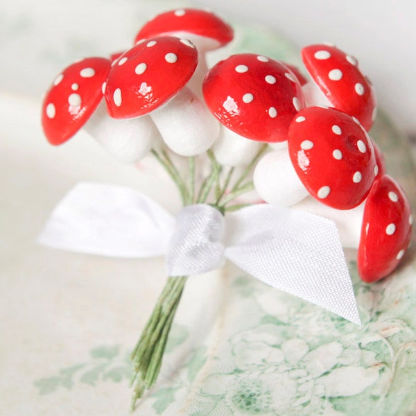 Spun Cotton Mushrooms - One Dozen Stems, 3/4 Inch Tall, Vintage Red Toadstools, Made in Germany