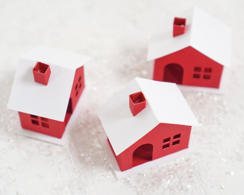 DIY Miniature Paper House Kit Set of 3 Flat-Pack Red Cardstock Christmas Putz Houses image 4