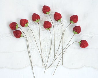 Spun Cotton Berries - Red Wild Strawberry Picks, 10 pcs.