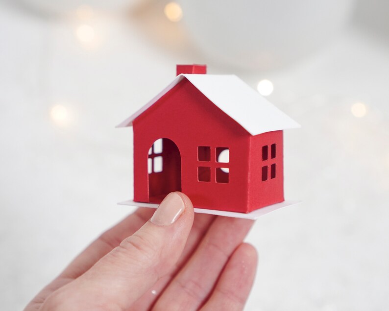 DIY Miniature Paper House Kit Set of 3 Flat-Pack Red Cardstock Christmas Putz Houses image 7