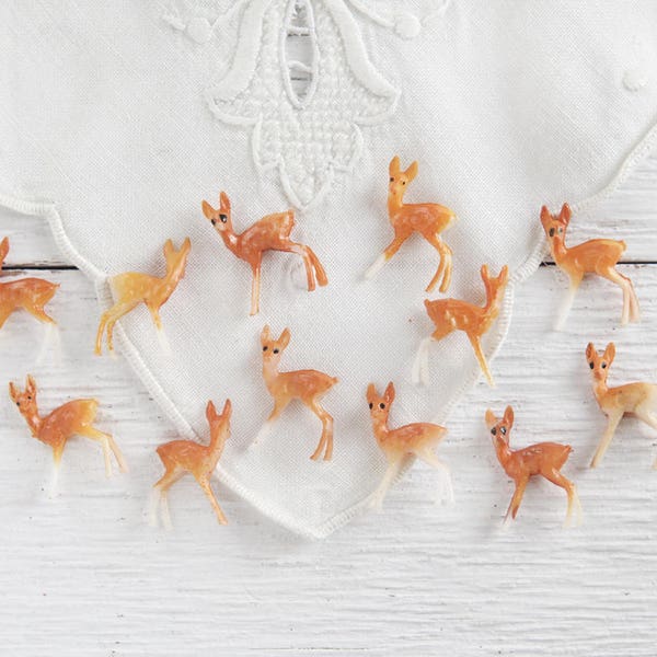 Vintage Plastic Deer - One Dozen Tiny Deer, Miniature Craft Figurines, Old Stock Made in Hong Kong