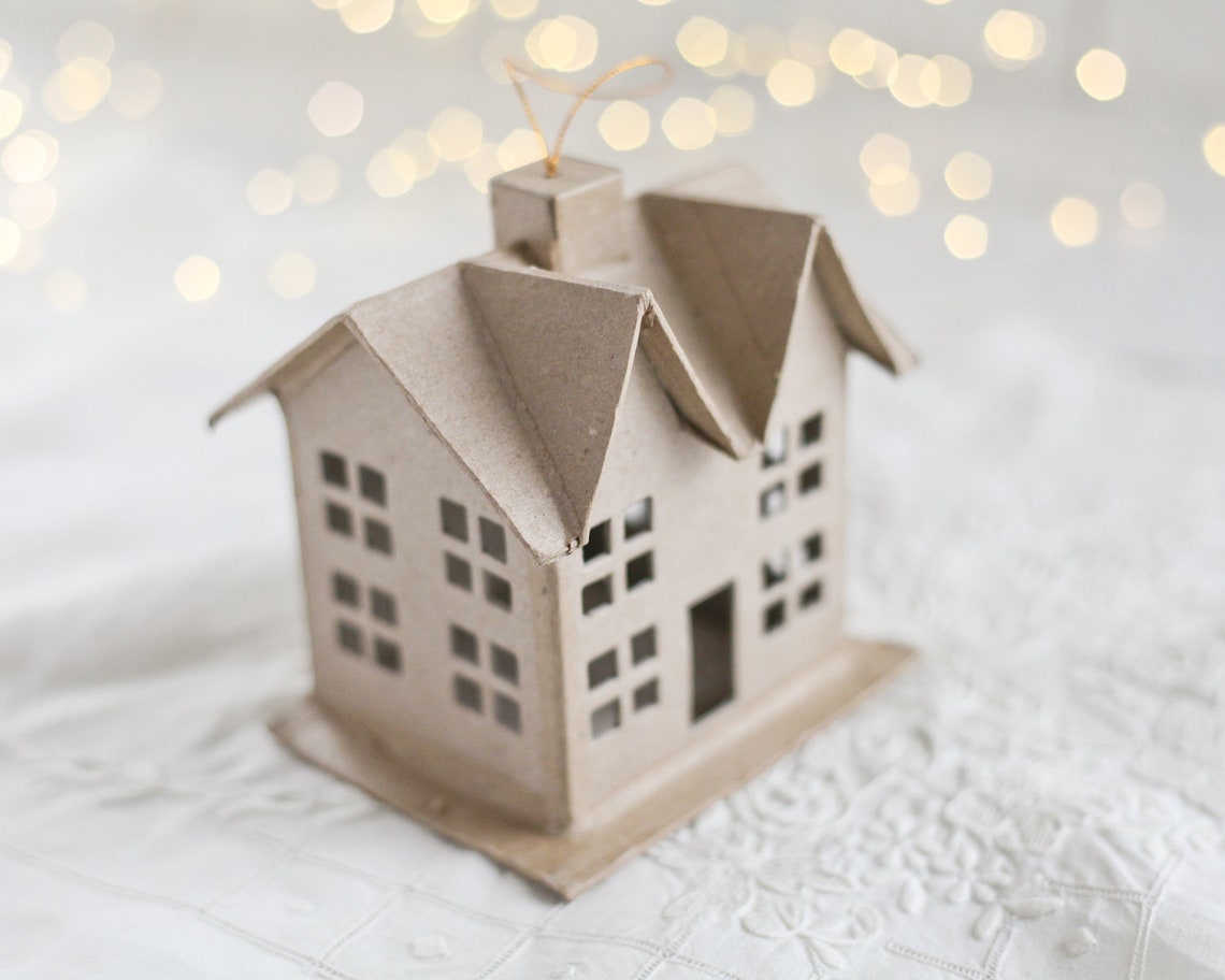 Paper Mache House Ornament Hanging Cardboard Craft House Etsy