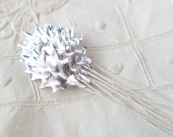 Mini Silver Holly Leaves - Vintage Style Foiled Paper Christmas Craft Leaf Stems, 10 Pcs.