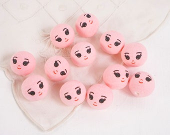 Pink Spun Cotton Heads: DREAMER - 22mm Vintage-Style Cotton Doll Heads with Faces, 12 Pcs.