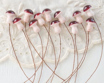 Burgundy Spun Cotton Mushrooms - 15x20mm Glossy Mini Toadstools, 12 Pcs.