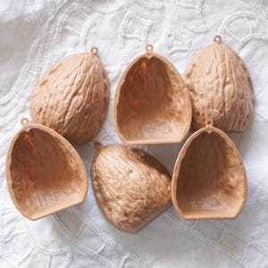 Pode incluir: Cinco ornamentos ocos em forma de noz, de cor castanho-claro, feitos de plástico. Cada peça apresenta uma casca exterior texturizada e realista e um interior liso e côncavo. Um pequeno laço circular está fixado no topo de cada peça.